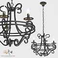 Black Metal Chandelier With Ornate Design And Candle Lights Hanging By Chain