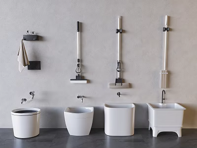 Modern Bathroom Accessories Including Towel Rack Mop Holder Toilet Brush Holder And White Storage Solutions 3d model