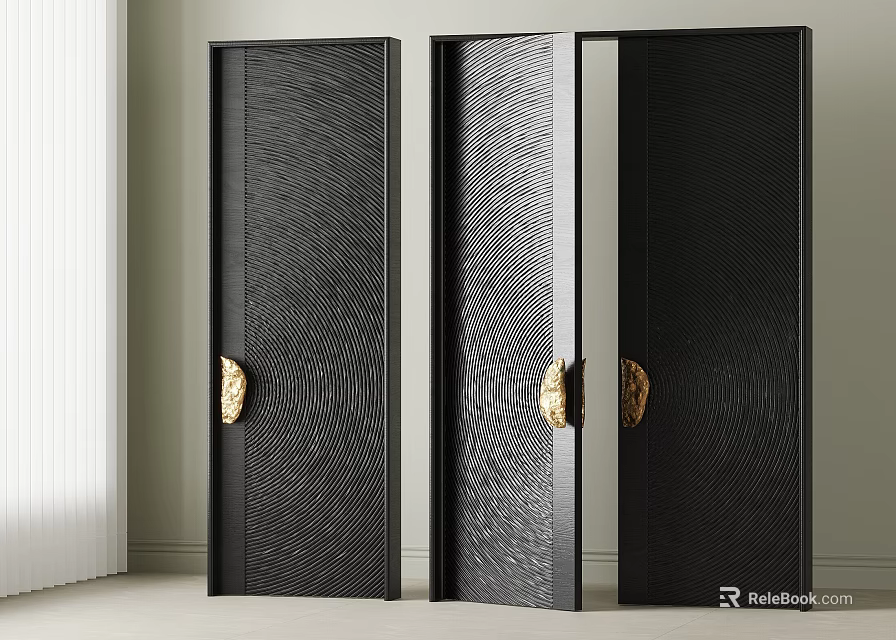 Modern Black Double Door Interior Design With Textured Surface And Golden Handles 3d model 
