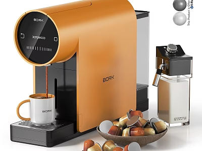 Orange BORK Coffee Machine Kitchen Appliance with Milk Frother and Coffee Capsules 3d model