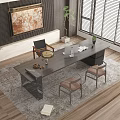 Modern Wooden Desk Interior With Leather Chairs Area Rug Wall Art And Plants