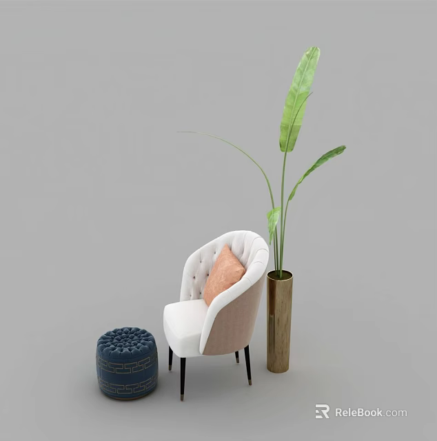 White Single Sofa With Orange Cushion Blue Stool Gold Vase And Green Plant 3d model 