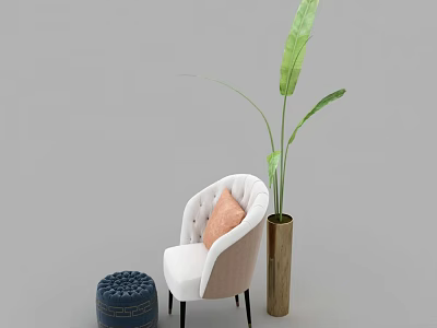 White Single Sofa With Orange Cushion Blue Stool Gold Vase And Green Plant 3d model