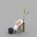 White Single Sofa With Orange Cushion Blue Stool Gold Vase And Green Plant