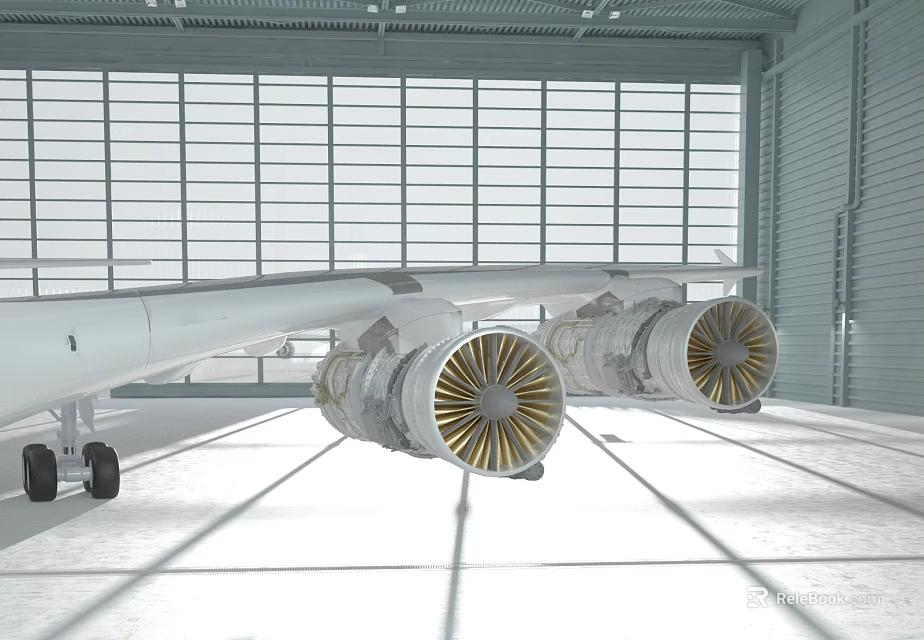 Airliner Wing With Two Large Engines In Hangar With Large Windows And Floor Light Shadows 3d model 