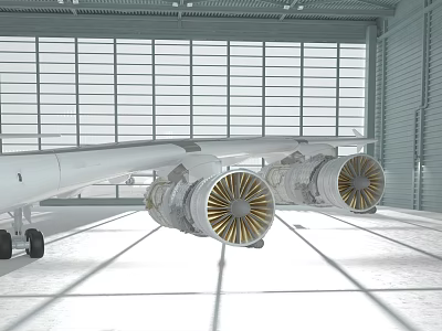 Airliner Wing With Two Large Engines In Hangar With Large Windows And Floor Light Shadows 3d model