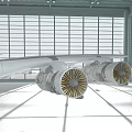 Airliner Wing With Two Large Engines In Hangar With Large Windows And Floor Light Shadows