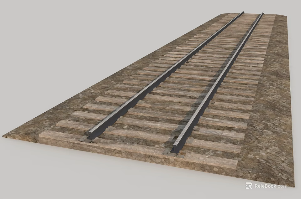 Railroad Track Roadway Infrastructure Featuring Wooden Ties Steel Rails And Gravel Bed 3d model 