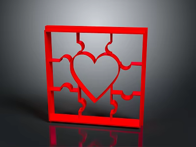 Red Decorative Square Frame With Heart Shape And Puzzle Piece Edges 3d model