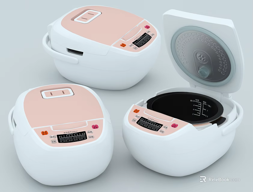 Modern Pink And White Kitchen Appliances Rice Cookers With Open Lid And Digital Control Panels 3d model 