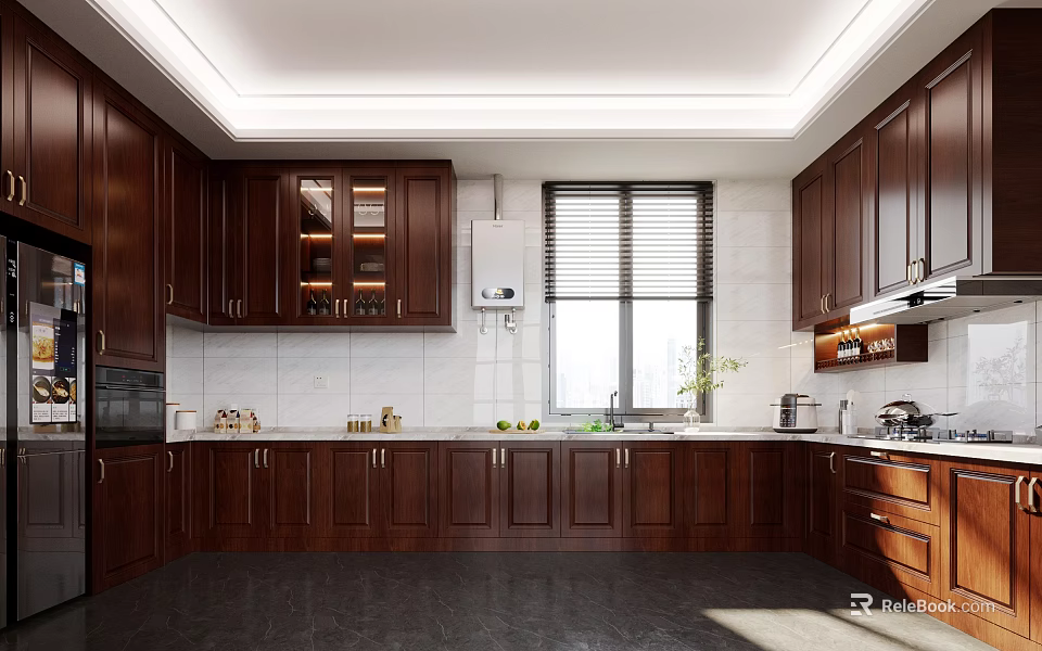 Kitchen Interior With Dark Wood Cabinets Window White Walls And Countertop Appliances 3d model 