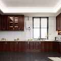Kitchen Interior With Dark Wood Cabinets Window White Walls And Countertop Appliances