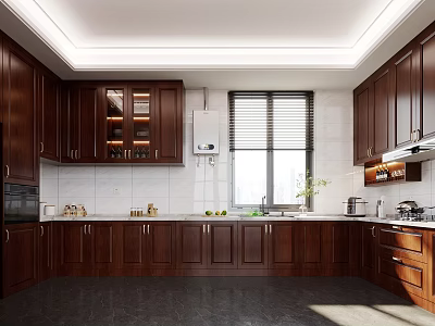 Kitchen Interior With Dark Wood Cabinets Window White Walls And Countertop Appliances 3d model