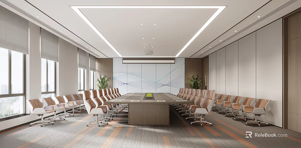Modern Conference Room Interior Design With Long Table Ergonomic Chairs And Potted Plants 3d model 