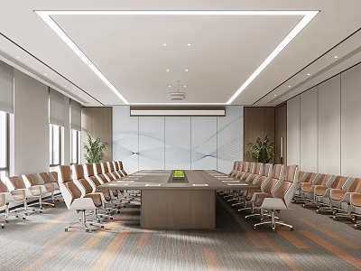 Modern Conference Room Interior Design With Long Table Ergonomic Chairs And Potted Plants 3d model