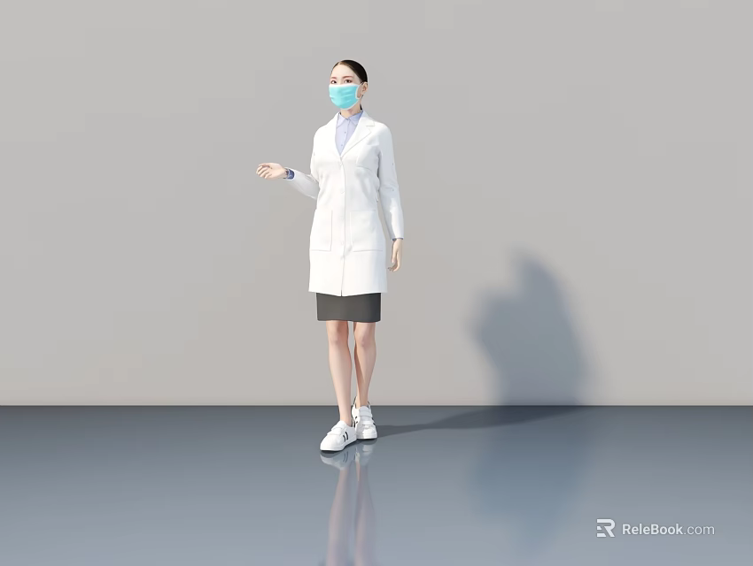 Woman Medical Professional Wearing White Coat and Mask Standing in Gray Background 3d model 