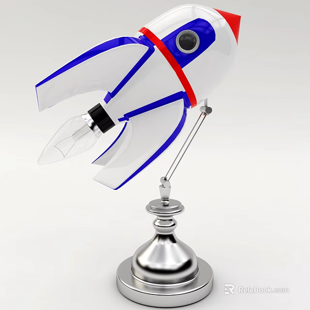 Rocket Shaped Table Lamp with White Blue Red Accents and Silver Metal Base 3d model 