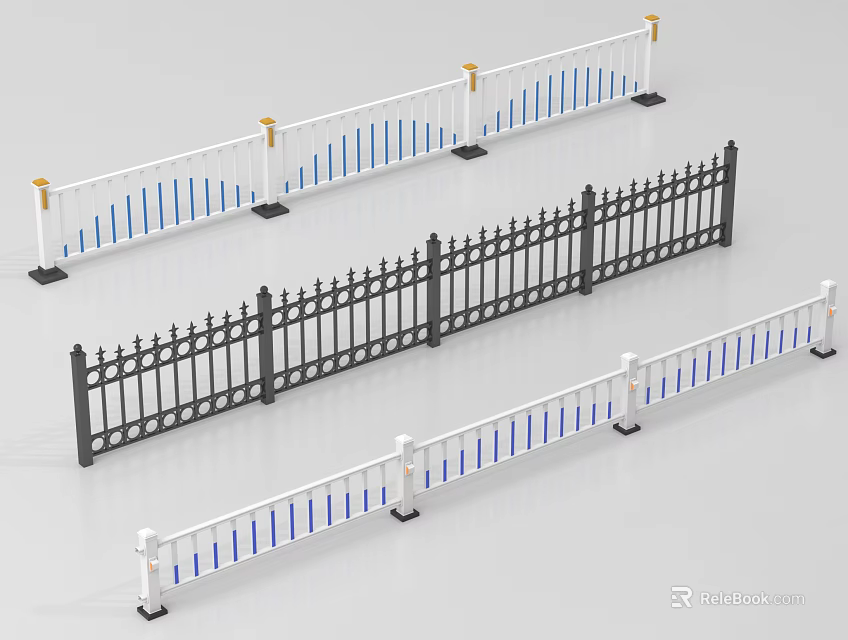 Decorative Metal Fences with White Black Colors Blue Stripes and Golden Accents 3d model 