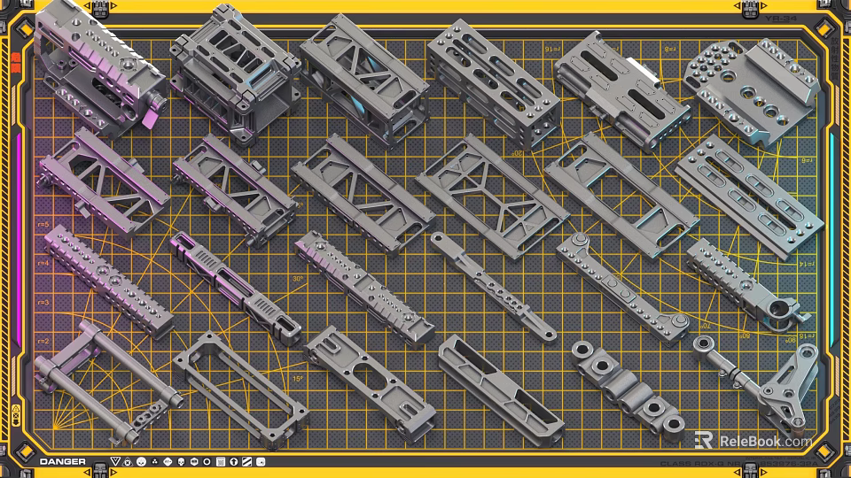 Detailed 3D Models Of Mechanical Parts On Grid Background For Engineering Design 3d model 