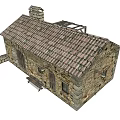 Old Stone Barn Structure with Tiled Roof Arched Wooden Door Small Windows and Stone Fence