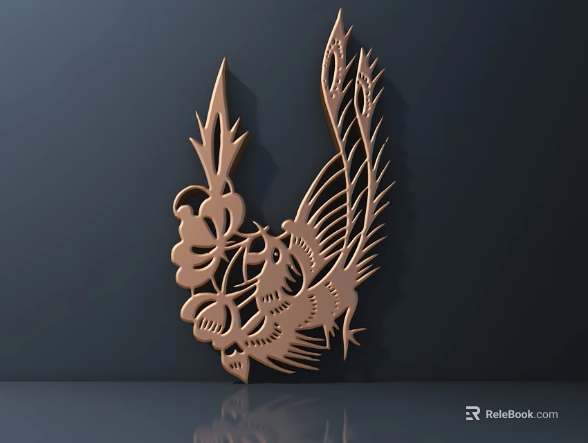 Golden Metal Carving with Phoenix and Flower Patterns 3D Designed on Dark Wall with Reflection 3d model 