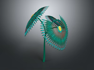 Cartoon Fantasy Scene with Vibrant Green Spiral Structure Feather Like Leaves and Yellow Center 3d model
