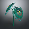 Cartoon Fantasy Scene with Vibrant Green Spiral Structure Feather Like Leaves and Yellow Center