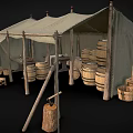 Rustic Campsite Tent Interior With Wooden Table Barrels Stools And Ropes