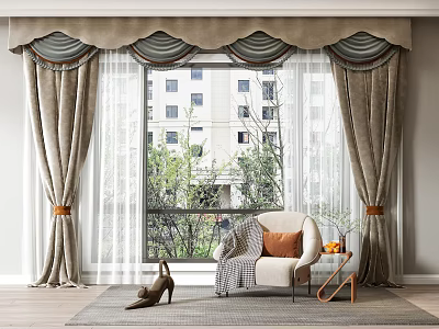 Beige Curtains with Scalloped Valance and White Sheer Panels by Window with Armchair Green Trees 3d model