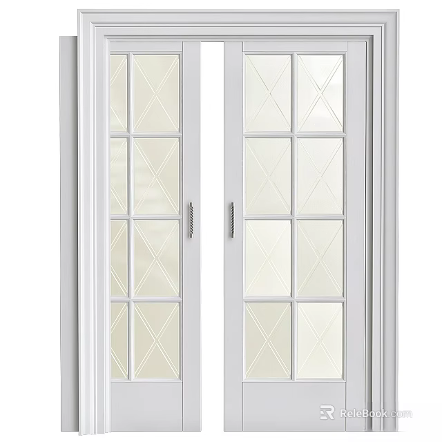 White French Double Doors With Diamond Pattern Glass Panels And Metal Handles 3d model 