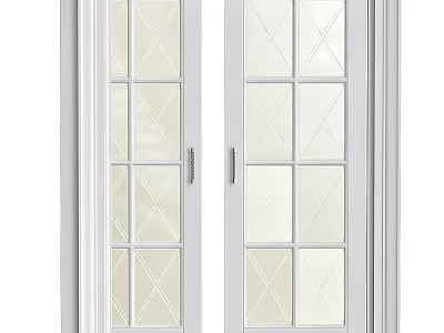 White French Double Doors With Diamond Pattern Glass Panels And Metal Handles 3d model