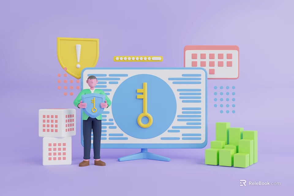 Brave Game Character Holding Key in Front of Digital Screen With Shield and Blocks 3d model 