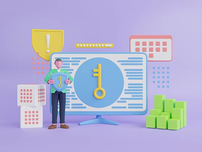 Brave Game Character Holding Key in Front of Digital Screen With Shield and Blocks 3d model
