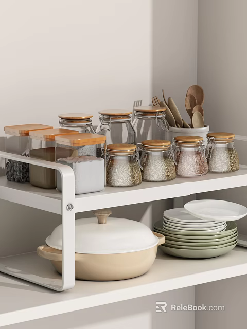 Spice Jars With Wooden Lids On White Kitchen Shelf Filled With Various Spices And Grains 3d model 