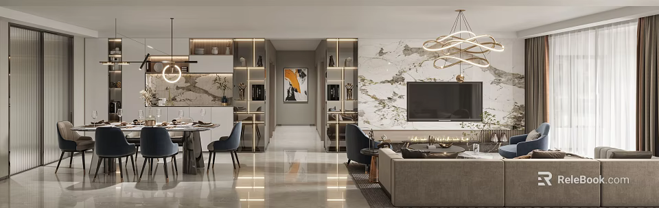 Modern Living and Dining Room Interior With Marble Wall Chandelier Sofa Dining Table and Artwork 3d model 