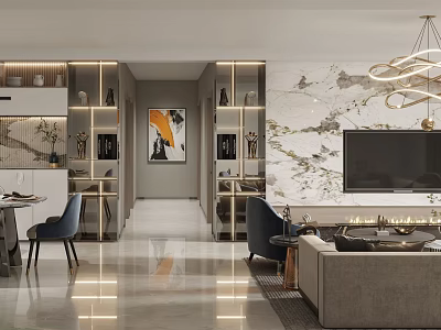 Modern Living and Dining Room Interior With Marble Wall Chandelier Sofa Dining Table and Artwork 3d model