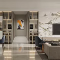 Modern Living and Dining Room Interior With Marble Wall Chandelier Sofa Dining Table and Artwork