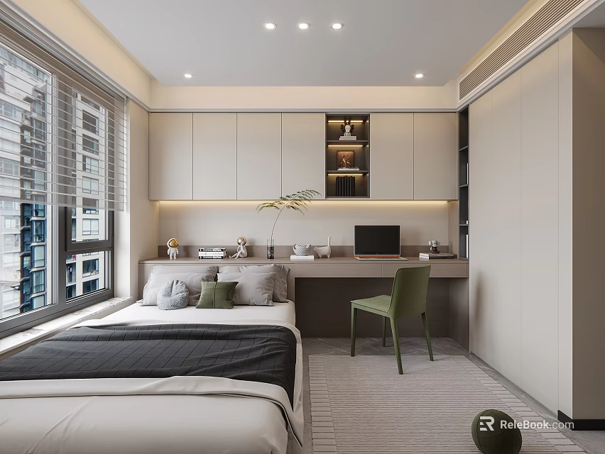 Modern Tatami Bedroom Interior Design With Tatami Bed Desk Green Chair And Storage Cabinets 3d model 