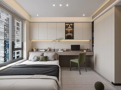 Modern Tatami Bedroom Interior Design With Tatami Bed Desk Green Chair And Storage Cabinets 3d model