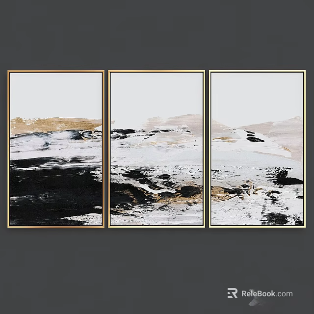 Three Panel Gold Frame Abstract Art Wall Decor With Black Brown White Design 3d model 