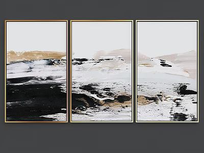 Three Panel Gold Frame Abstract Art Wall Decor With Black Brown White Design 3d model