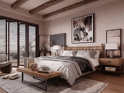 Warm Bedroom Interior Design With Wooden Beams Wooden Blinds Large Painting And Area Rug 3d model