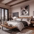 Warm Bedroom Interior Design With Wooden Beams Wooden Blinds Large Painting And Area Rug