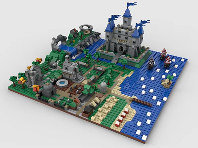 Building Blocks Castle Scene With Detailed Layout Blue Water Trees And Boats 3d model