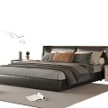 Modern Double Bed With Leather Headboard Decorative Pillows And Bedside Tables 3d model