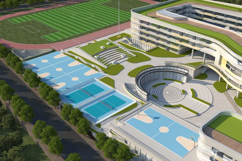 Modern Campus Sports And Recreation Area With Green Football Field Swimming Pools Circular Plaza And Landscaped Gardens 3d model 