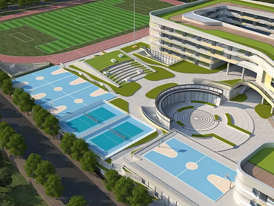 Modern Campus Sports And Recreation Area With Green Football Field Swimming Pools Circular Plaza And Landscaped Gardens 3d model