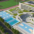 Modern Campus Sports And Recreation Area With Green Football Field Swimming Pools Circular Plaza And Landscaped Gardens