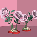 Pink Roses With Green Leaves In Red Pots Against Pink Tiled Background