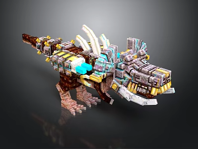 Armored Mechanical Dinosaur Character With Pixel Style Block Built Body And Glowing Blue Accents 3d model